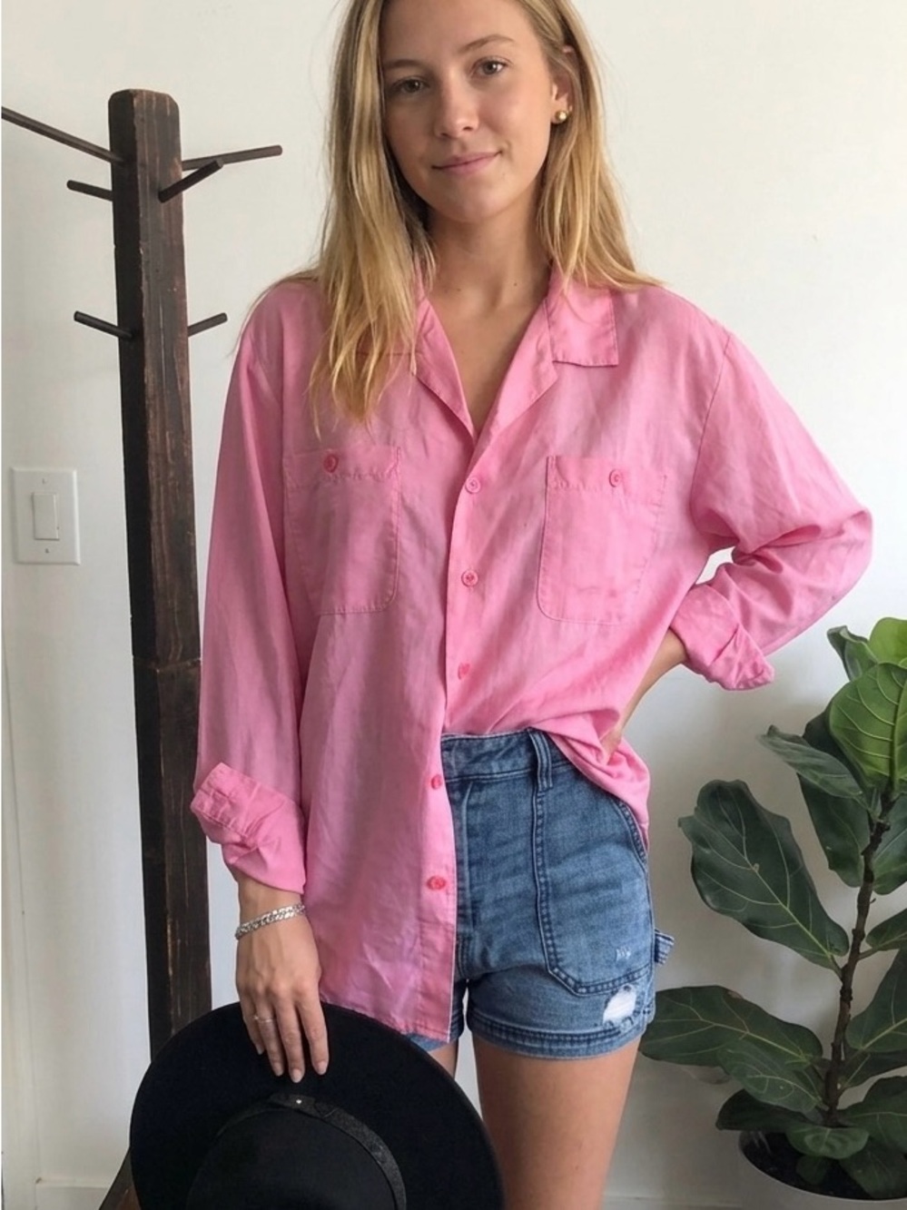 Pink Button-Front Cotton Blouse - Relaxed Fit
